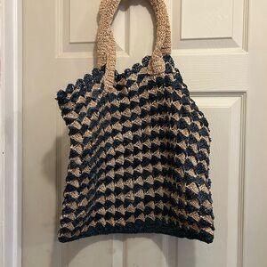 Handcrafted Crochet Tote Bag - Blue and Tan